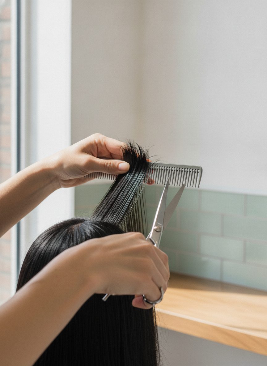 A stylist's hands lifting a section of dark hair with a fine steel cutting comb, in bright window daylight.