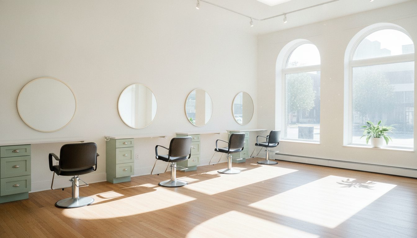 A bright salon floor in mid-morning daylight: styling chairs, round mirrors, pale cabinetry and tall windows.