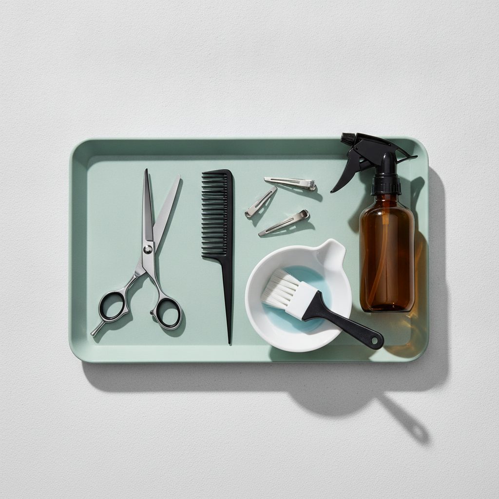 Shears, a fine-tooth cutting comb, sectioning clips and a spray bottle laid out on a pale surface.