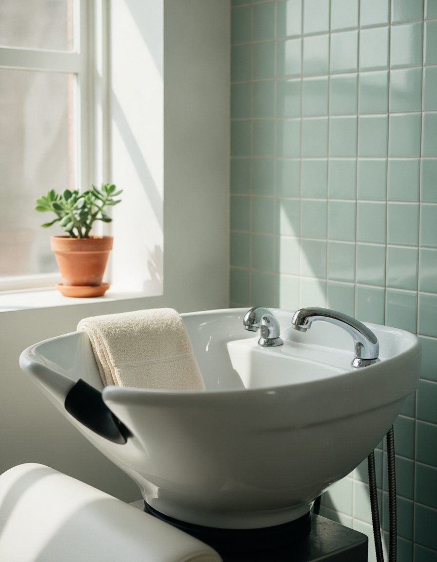 A clean porcelain shampoo basin with a chrome spray hose and a folded towel.